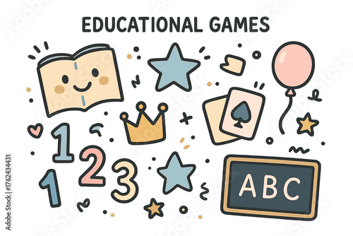 Educational Doodle Icons. Educational games doodle icon set: hand drawn icons of book with smile, numbers, crown, star, balloon,