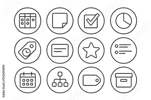 Task Management Icons. Line style round icons of task management: kanban board, sticky note, checklist tick, progress tracker; due