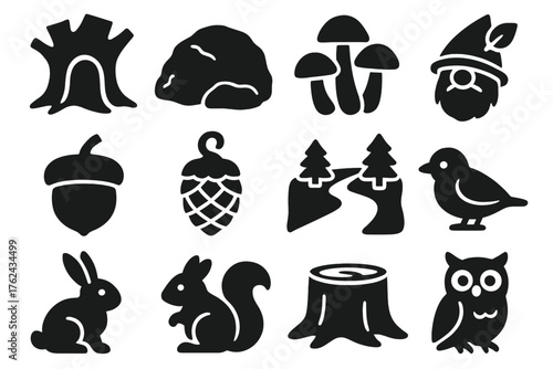 Forest Gnome Icons. Solid style icons of Forest Gnomes: tree hollow home, mossy rock, mushroom cluster, leafy hat, acorn cup,