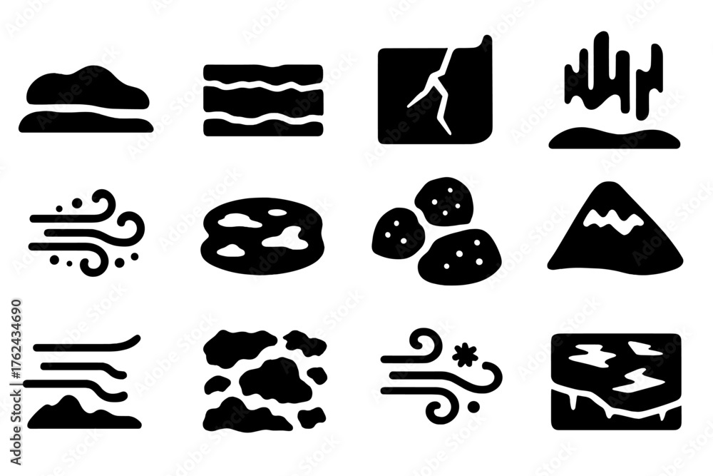 Polar Environment Icons. Solid style icons of Polar Environment: snow drift, frozen ground, ice crack, northern lights, blowing