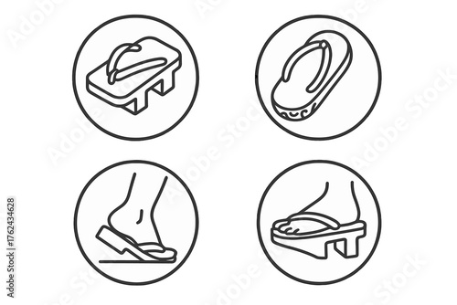 Traditional Footwear Icons. Line style round icons of traditional footwear: geta, zori, tabi socks, heel block; wooden base, thong