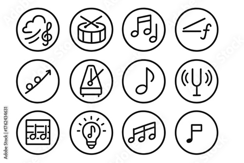 Musical Icon Illustrations. Line style round icons of musical expression: melody, rhythm, harmony, dynamics; pitch, tempo, note,