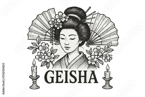 Elegant Geisha Design. Hand-drawn geisha with fans, flowers, and candles, center word “Geisha” in black and white isolated