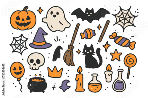 Cute Halloween Doodle Icons. Halloween doodle icon set: hand drawn icons of pumpkin, ghost, bat, spider, web, witch hat, broom,