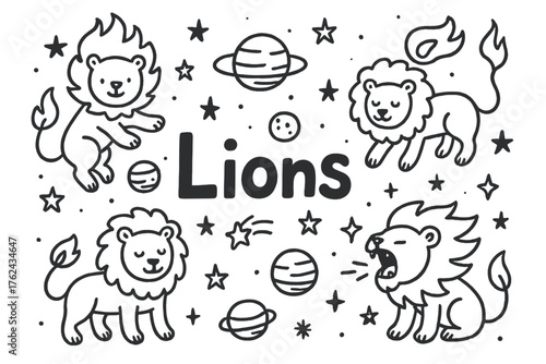Cosmic Lions Doodle. Doodle cosmic lions with planets, stars, and fire, center word “Lions” in black and white isolated