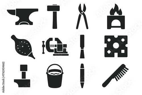 Blacksmith Tools Icons. Solid style icons of Blacksmith tools: anvil, hammer, tongs, forge, bellows, vise, chisel, swage block,