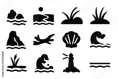 Coastal Nature Icons. Solid style icons of Coastal Nature: rocky shore, sandy beach, tidal flat, dune grass, sea cliff, driftwood,