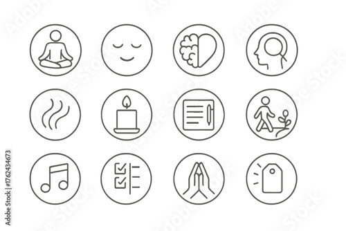 Mental Wellbeing Icons. Line style round icons of mental wellbeing: meditation pose, calm face, brain-heart, focus bubble; breath