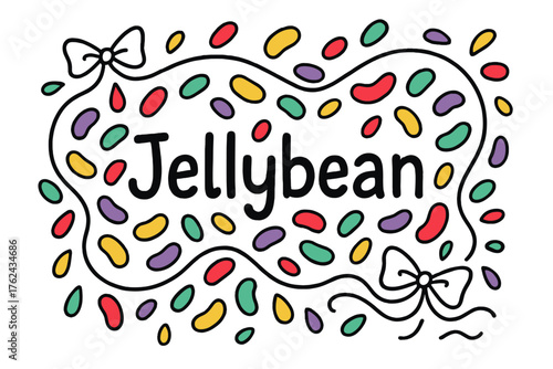 Jellybean Path Doodle. Doodle jellybean path with colorful drops, bows, and ribbons, center word “Jellybean” in black and white