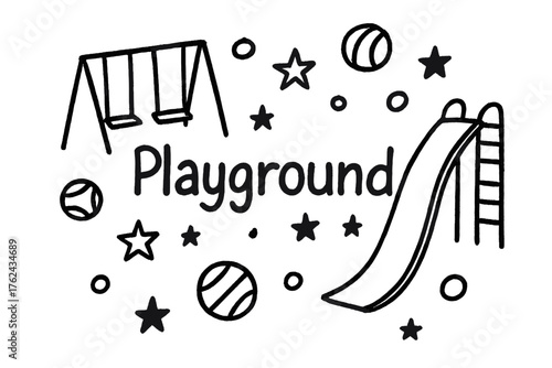 Playful Playground Design. Hand-drawn playground with swings, balls, and stars, center word “Playground” in black and white