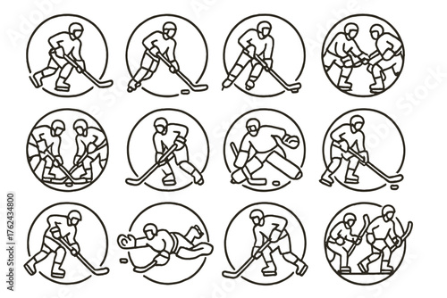 Hockey Action Icons. Line style round icons of player actions: skating, passing, shooting, checking; faceoff, deking, blocking,