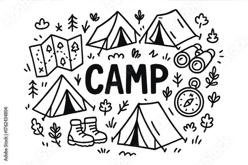 Doodle Explorer Camp. Doodle explorer camp with tents, maps, and binoculars, center word “Camp” in black and white isolated