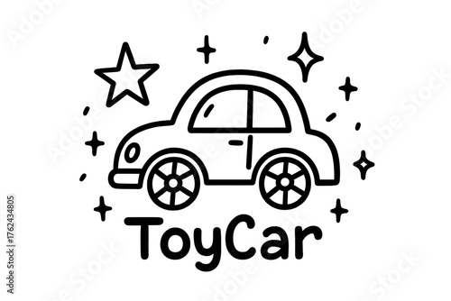 Doodle Toy Car. Doodle toy car with stars, wheels, and sparkles, center word “ToyCar” in black and white isolated transparent