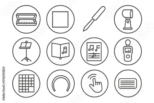 Musical Accessories Icons. Line style round icons of musical accessories: harmonica case, cleaning cloth, reed tool, mic clip;