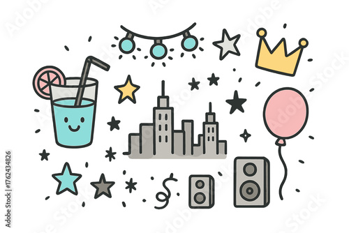 Rooftop Party Doodle Icons. Rooftop party doodle icon set: hand drawn icons of cocktail with smile, lights, crown, star, balloon,