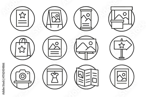 Visual Advertising Icons. Line style round icons of visual advertising: flyer icon, poster stand, roll-up banner, brand booth;