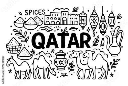 Qatar Souq Doodle. Doodle qatar souq with spices, lanterns, and camels, center word “Qatar” in black and white isolated