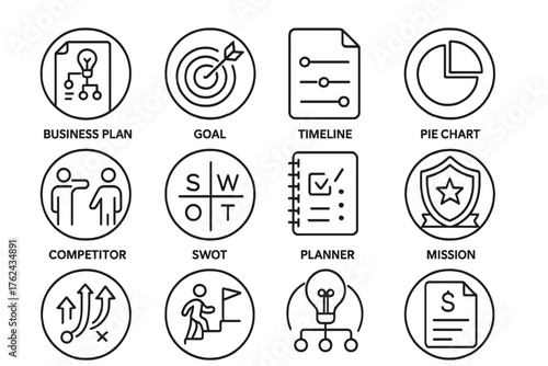 Business Planning Icons. Line style round icons of business planning: business plan, goal icon, timeline sheet, pie chart;