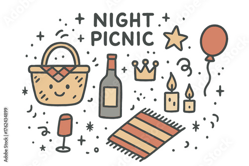 Night Picnic Doodles. Night picnic doodle icon set: hand drawn icons of basket with smile, wine, crown, star, balloon, candles,