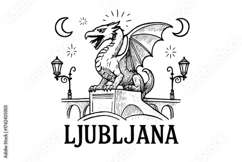 Ljubljana Dragon Art. Hand-drawn ljubljana dragon with bridges, lanterns, and moons, center word “Ljubljana” in black and white