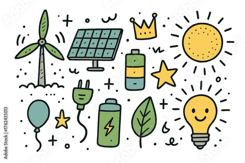 Energy Icon Doodles. Energy doodle icon set: hand drawn icons of wind turbine, solar panel, plug, battery, crown, star, balloon,