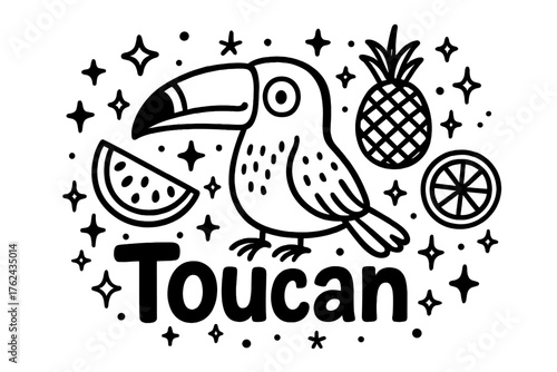 Toucan and Tropical Doodles. Doodle toucan with stars, tropical fruits, and sparkles, center word “Toucan” in black and white