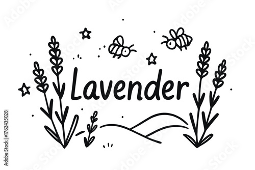 Lavender Doodle Art. Doodle lavender with stars, bees, and hills, center word “Lavender” in black and white isolated transparent