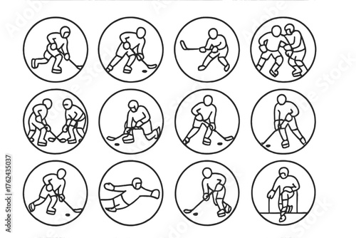 Hockey Action Icons. Line style round icons of player actions: skating, passing, shooting, checking; faceoff, deking, blocking,