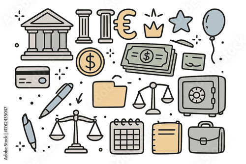 Bank Doodle Icon Set. Bank doodle icon set: hand drawn icons of building, columns, dollar sign, euro sign, coin, bills, crown,