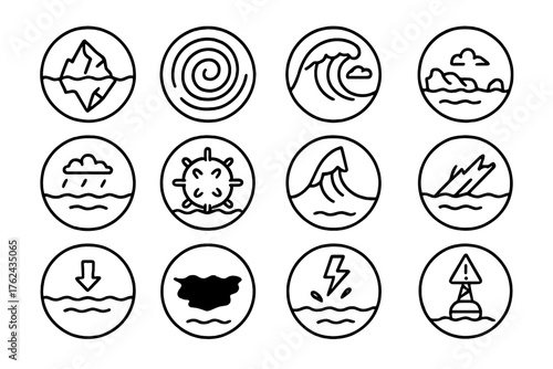 Ocean Hazards Icons. Line style round icons of ocean hazards: iceberg, whirlpool, storm wave, reef; fog, sea mine, rogue wave,