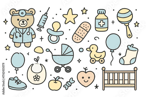 Children's Health Icons. Children’s health doodle icon set: hand drawn icons of teddy bear doctor, syringe, bandage, bottle,