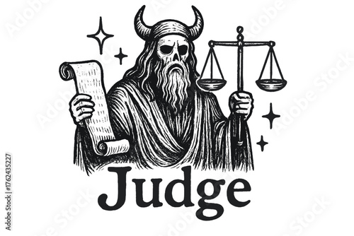 Underworld Judge Illustration. Hand-drawn underworld judge with scrolls, scales, and stars, center word “Judge” in black and white