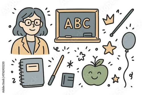 Teacher Icon Set. Teacher doodle icon set: hand drawn icons of teacher figure, chalkboard, pointer, crown, star, balloon, notebook
