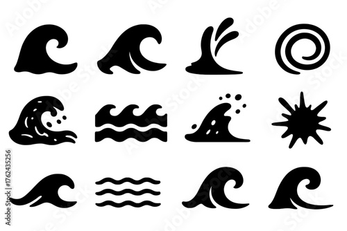 Wave Motion Icons. Solid style icons of Waves and Motion: rolling wave, crest shape, splash arc, ripple ring, water turbulence,