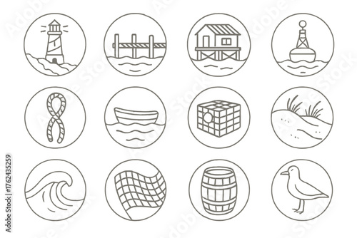 Coastal Life Icons. Line style round icons of coastal life: lighthouse, dock, fishing hut, buoy; rope, boat, crab trap, sand dune;