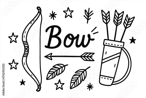 Bow and Arrows Doodle. Doodle bow and arrows with stars, feathers, and quiver, center word “Bow” in black and white isolated