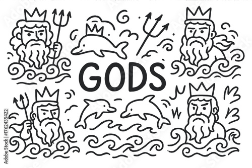 Ocean Gods Illustration. Doodle ocean gods with crowns, waves, and dolphins, center word “Gods” in black and white isolated