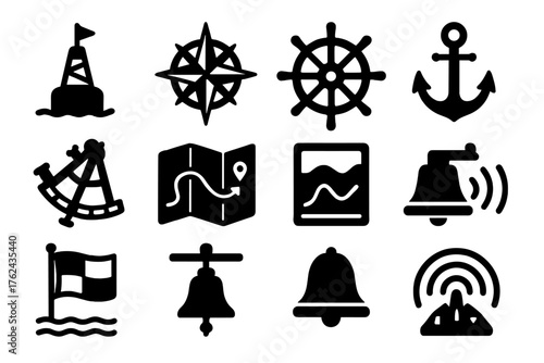 Maritime Navigation Icons. Solid style icons of Maritime navigation symbols: buoy, compass rose, ship wheel, anchor, sextant,