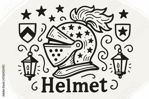 Starry Doodle Helmet. Doodle helmet with stars, crests, and lanterns, center word “Helmet” in black and white isolated transparent