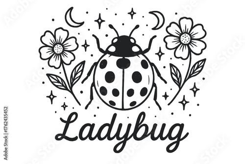 Ladybug Floral Magic. Hand-drawn ladybug with flowers, moons, and sparkles, center word “Ladybug” in black and white isolated