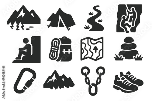 Outdoor Climbing Icons. Solid style icons of Outdoor climbing environment: mountain backdrop, base camp, hiking trail, climbing