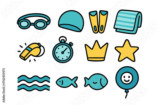 Swimming Icon Doodles. Swimming doodle icon set: hand drawn icons of goggles, cap, fins, towel, whistle, stopwatch, crown, star,