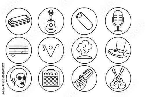 Blues Music Icons. Line style round icons of blues music: harmonica, guitar, slide, mic; note line, rhythm groove, smoky stage,