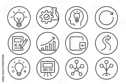 Innovation Icons. Line style round icons of innovation in business: idea bulb, test gear, design thinking icon, iteration arrow;