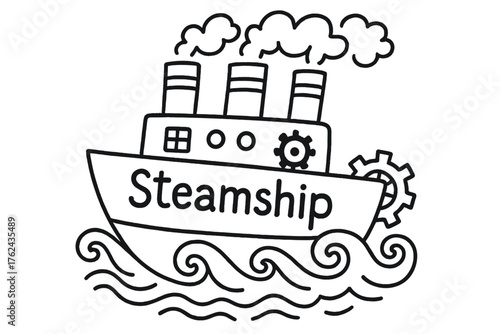 Doodle Steamship Design. Doodle steamship with pipes, waves, and gears, center word “Steamship” in black and white isolated