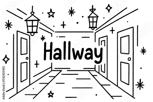Doodle Hallway Design. Doodle hallway with doors, lanterns, and stars, center word “Hallway” in black and white isolated