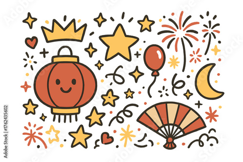 Lantern Festival Icons. Lantern festival doodle icon set: hand drawn icons of lantern with smile, crown, star, balloon, fireworks,