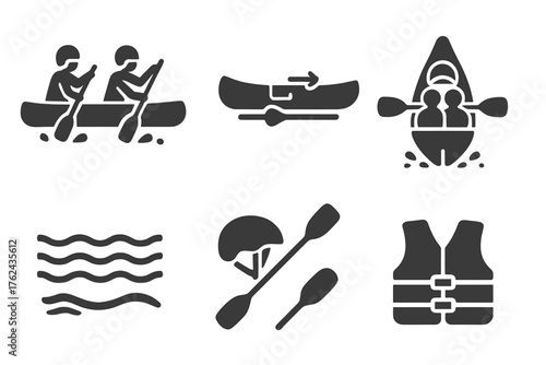 Tandem Canoe Coordination. Solid style icons of Tandem Canoeing: two paddlers, sync paddles, long canoe, shared seat, coordination