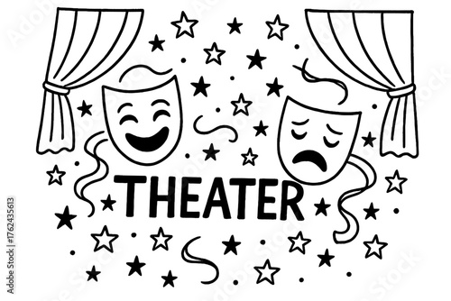 Doodle Theater Decor. Doodle theater masks with stars, ribbons, and curtains, center word “Theater” in black and white isolated