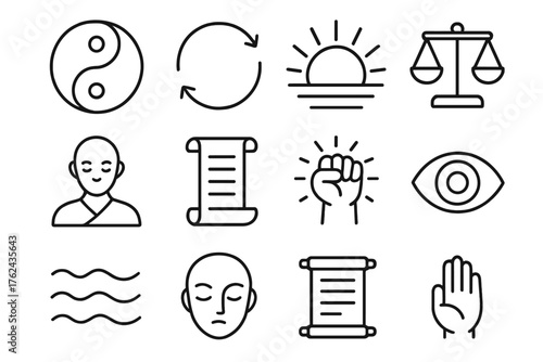 Karate Philosophy Icons. Line style round icons of karate philosophy: yin yang, circle motion, rising sun, balance icon; centered